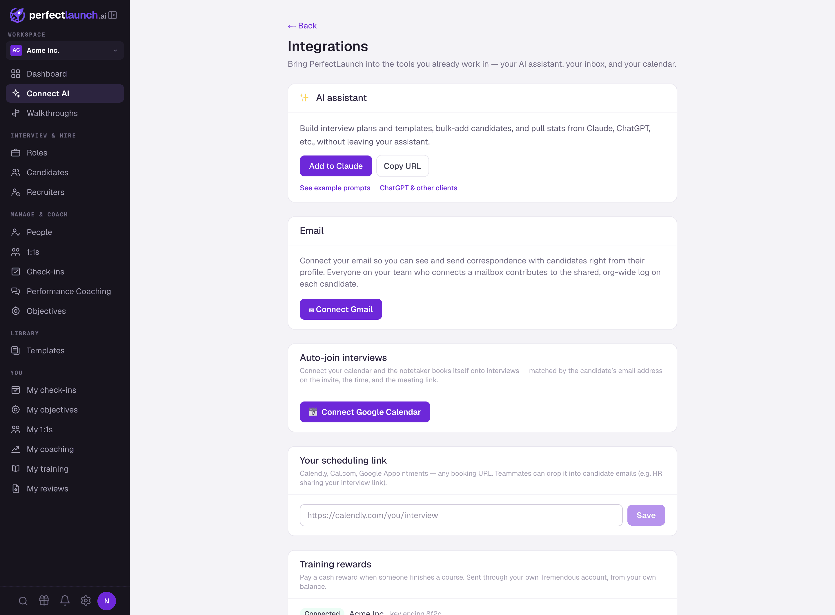 The integrations settings page in PerfectLaunch, with Gmail, Google Calendar, an AI assistant and Tremendous rewards