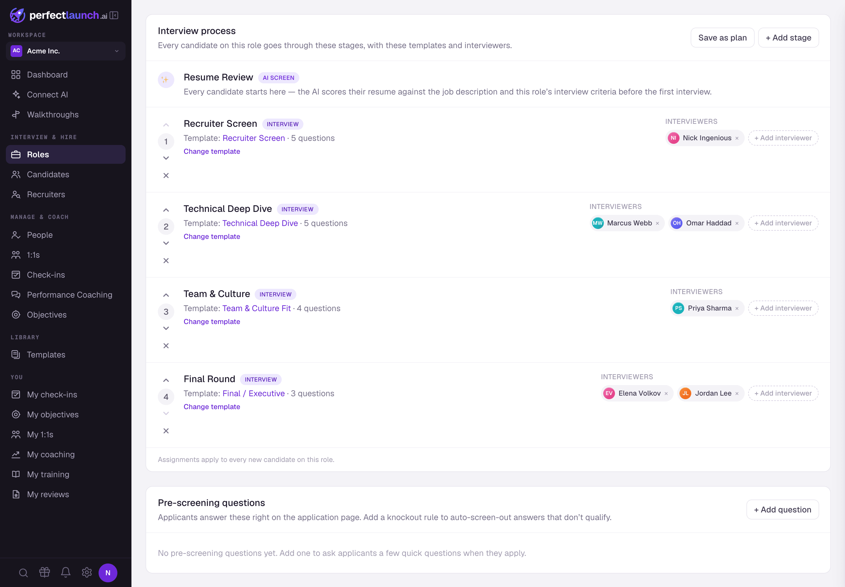 The interview-process builder in PerfectLaunch showing staged templates and assigned interviewers
