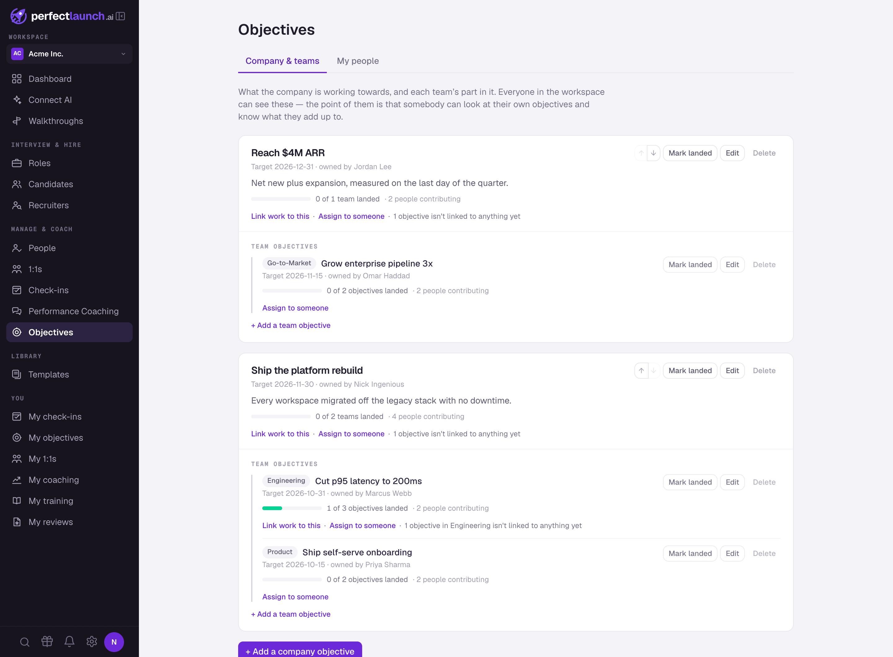 The objectives page in PerfectLaunch, showing company objectives with team objectives nested under them