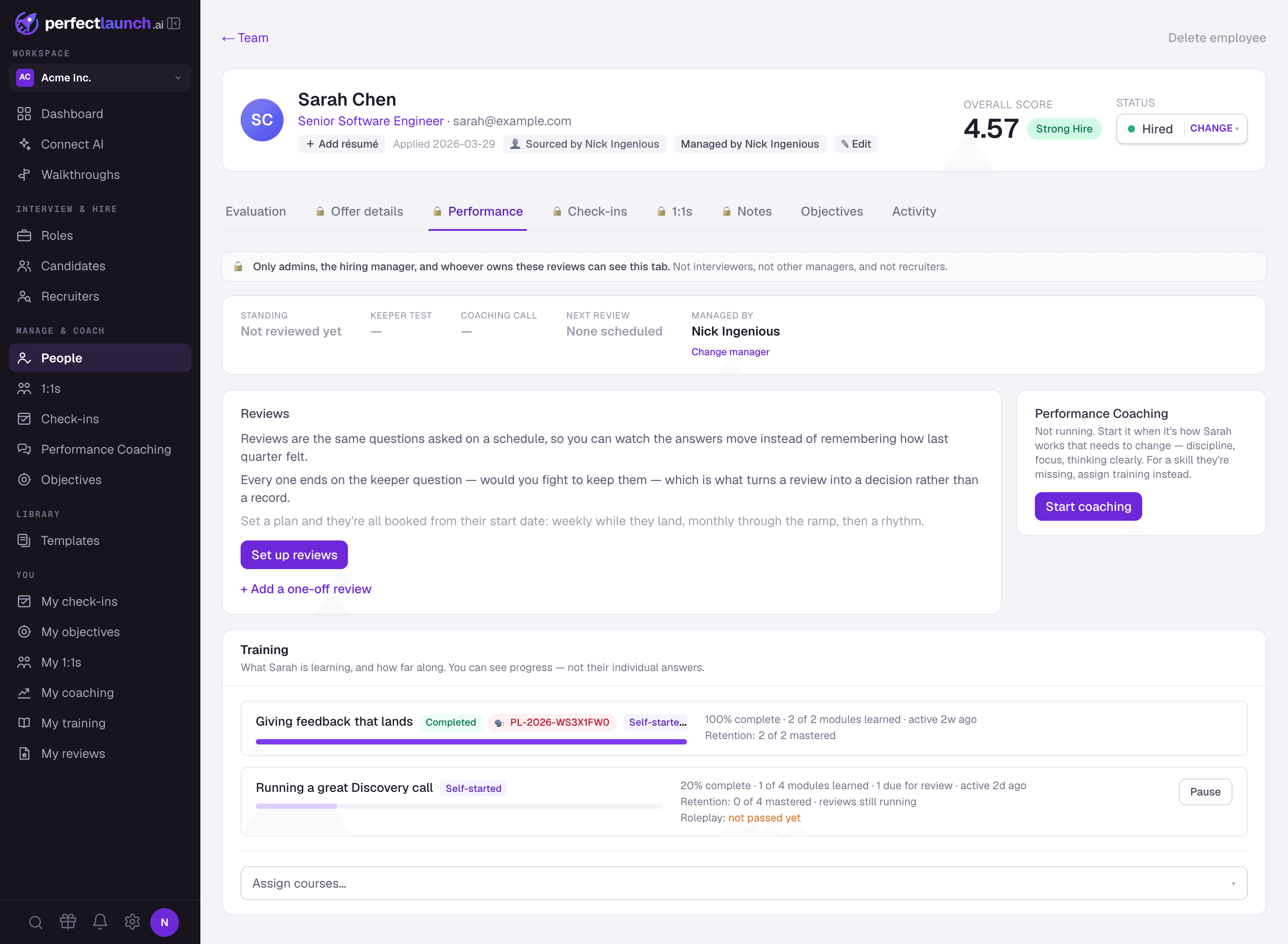 A hired employee's page in PerfectLaunch, with tabs for performance, check-ins, 1:1s, objectives and their training progress