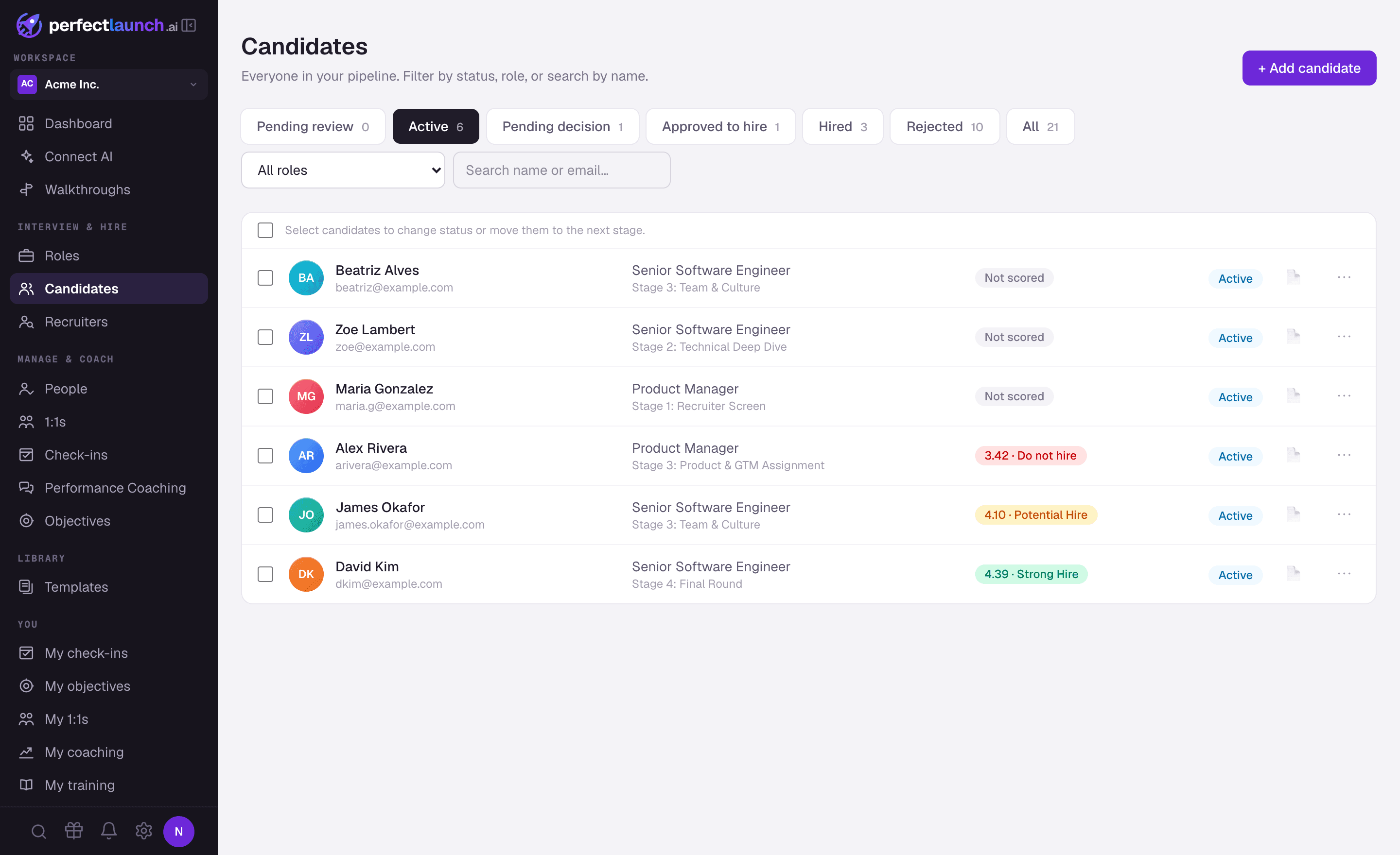 PerfectLaunch candidate pipeline — every candidate scored and ranked with a hire recommendation