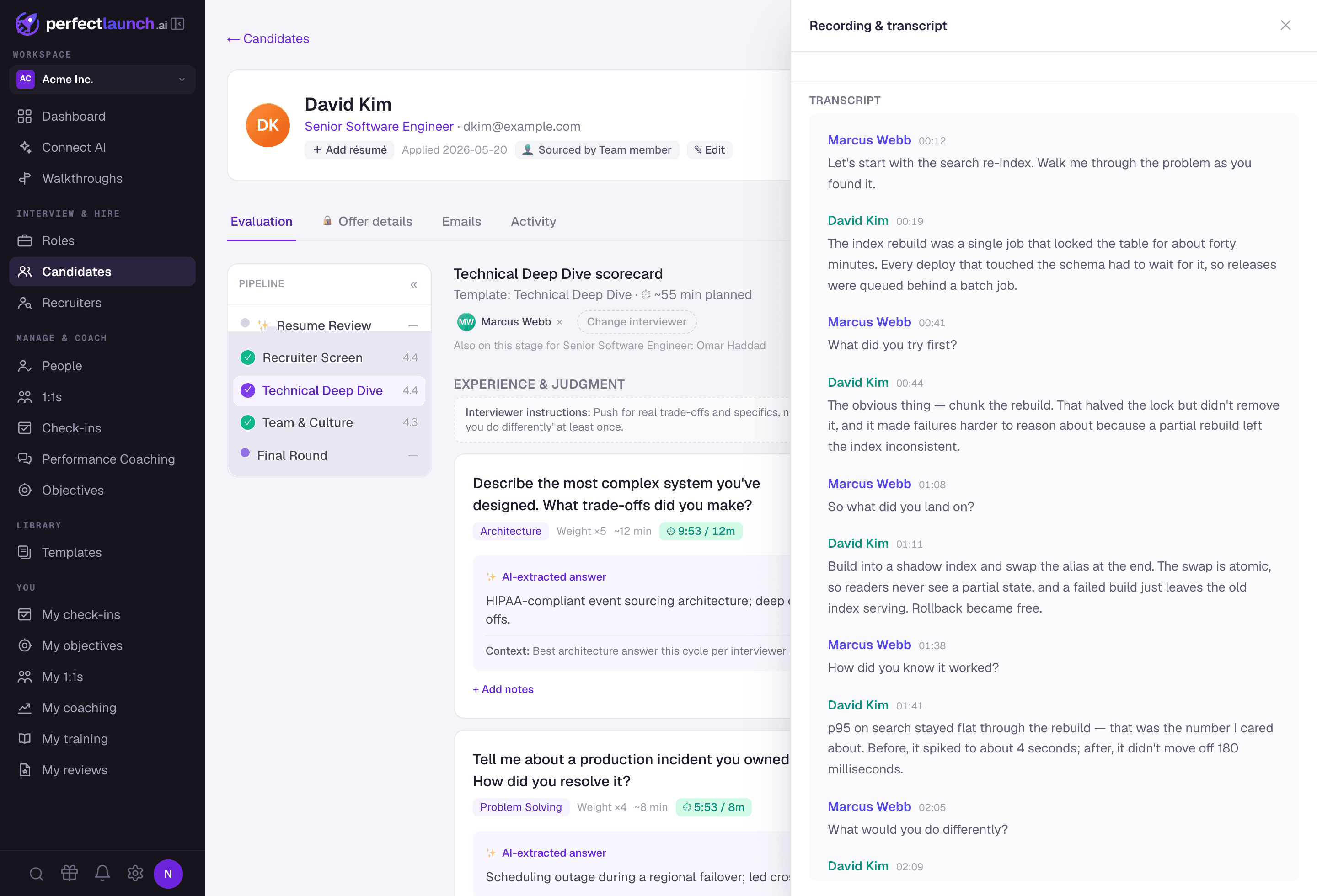 The call recording and synced transcript view in PerfectLaunch