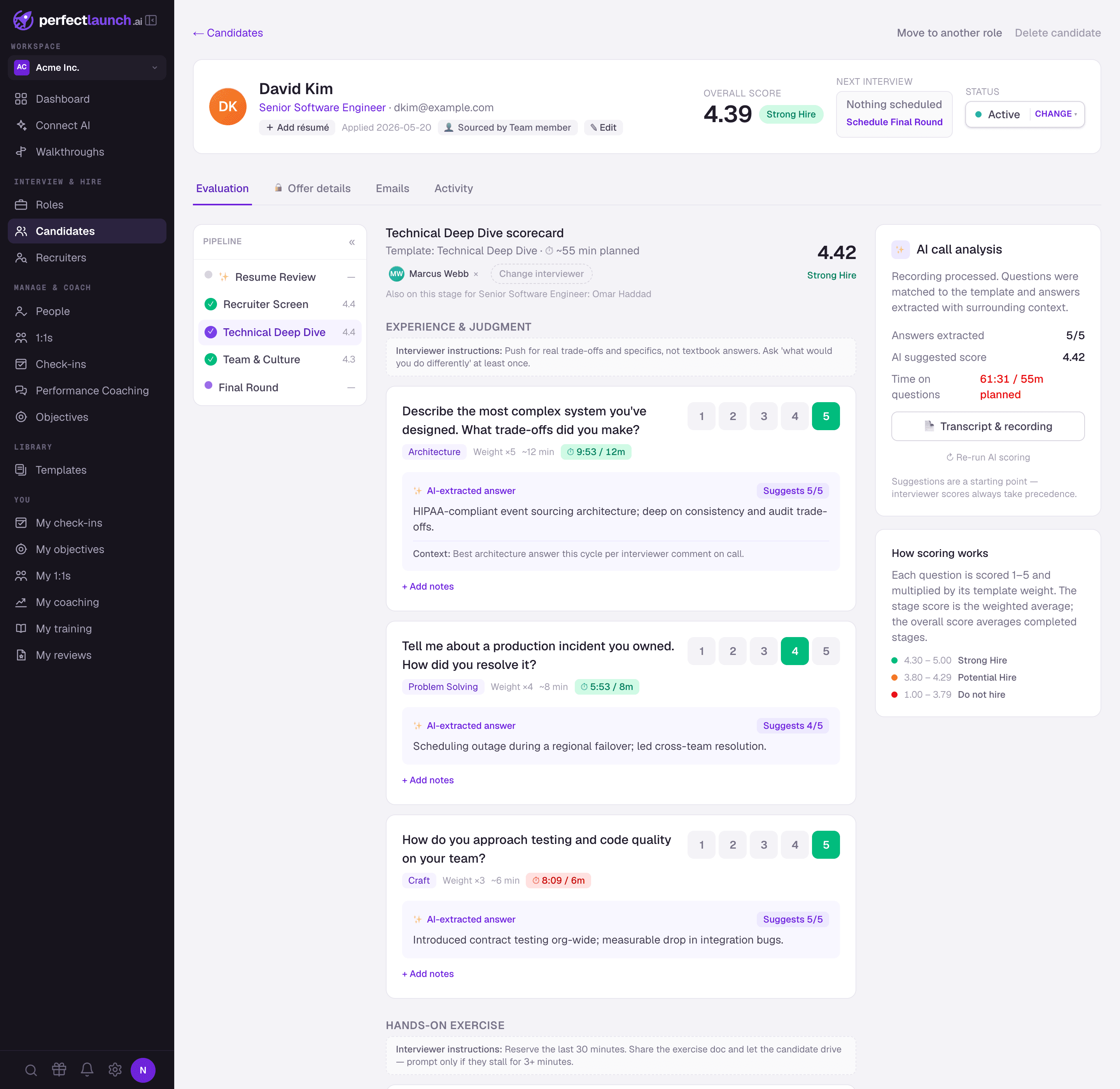 A candidate scorecard in PerfectLaunch with per-question scores and AI call analysis