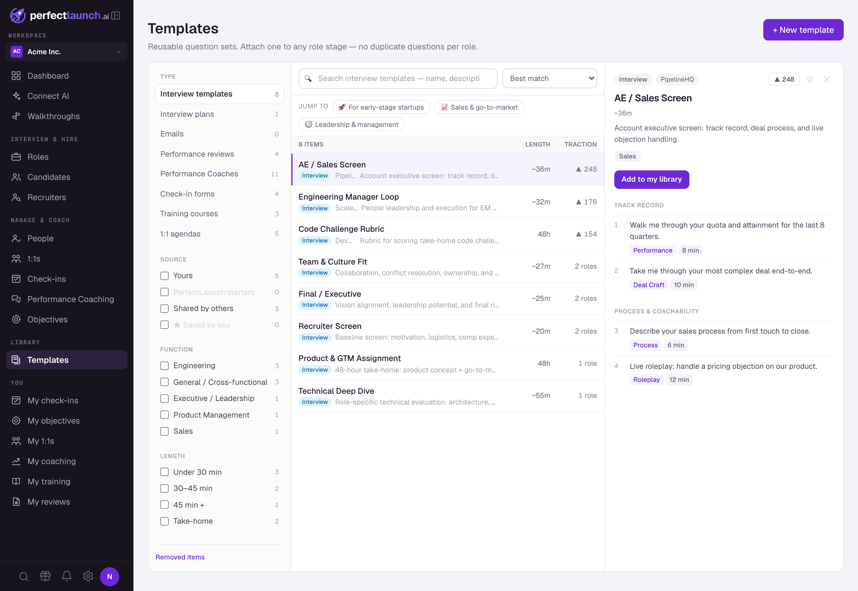 The templates library in PerfectLaunch, with interview templates, plans and starter playbooks by role