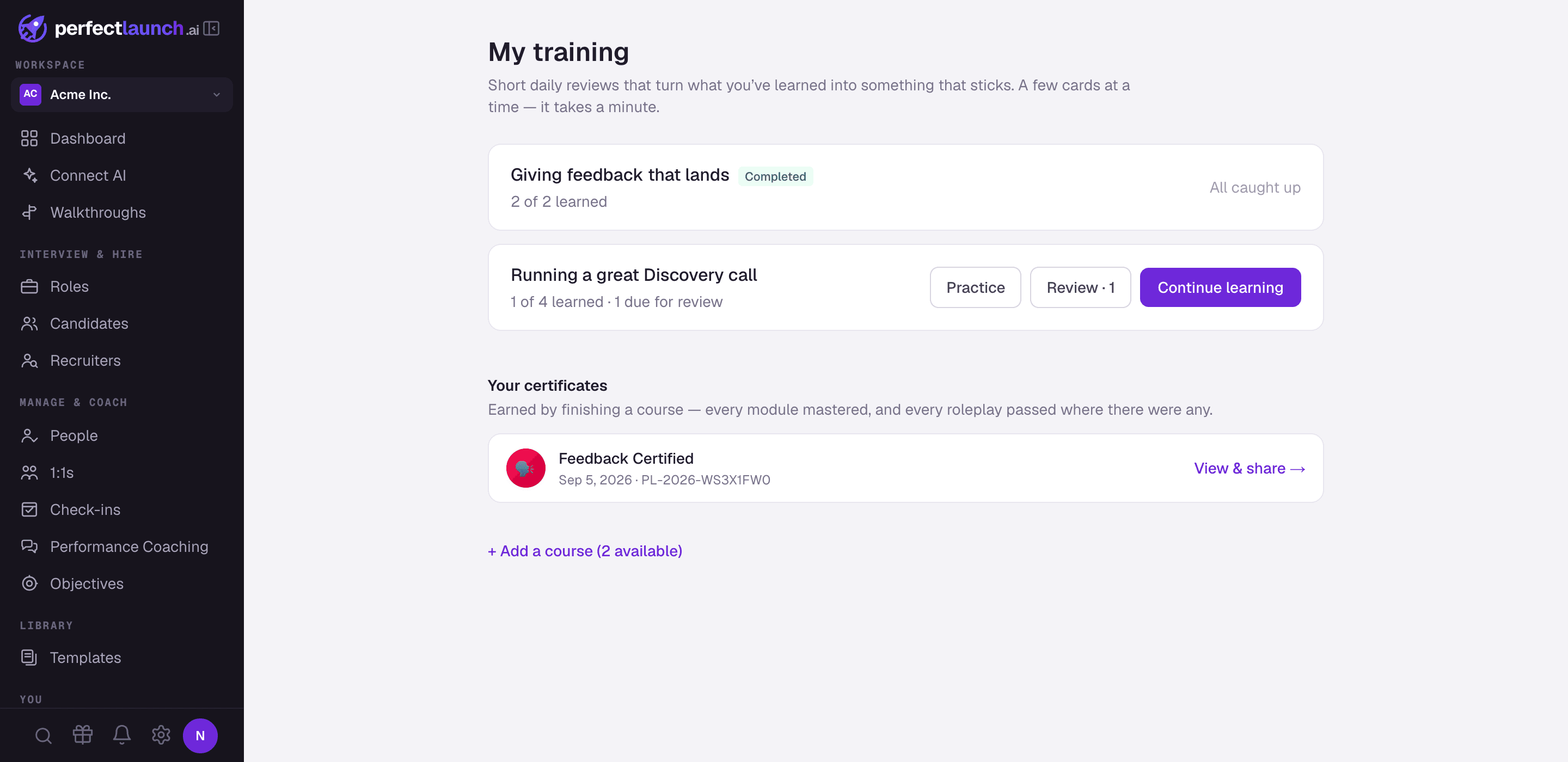 A learner's training page in PerfectLaunch, with course progress, a review queue and an earned certificate